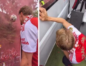 Odegaard’ın taraftarlara fırlattığı top hiç olmaması gereken şahsa isabet etti